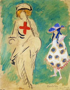 <em>Titania et Fleur de pois</em>, 1915<br />
Aquarelle, gouache, plume et encre brune sur papier collé sur carton<br />
26 x 20,4 cm<br />
Don de Juliette Roche-Gleizes, 1954 (inv. 1954-126)