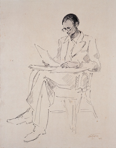 <em>Jean Chevalier lisant</em>, 1943<br />
Encre et lavis collé en plein sur carton<br />
40,5 x 31 cm<br />
Don Jean Chevalier, 1997 (inv. MG 2002-15-R)