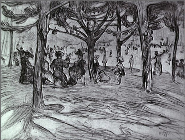 <em>L'Ile de la Grande Jatte</em>, 1908<br />
Fusain et gouache sur papier<br />
28,2 x 38 cm<br />
Acquis en 1975 (inv. AM 1975-273)