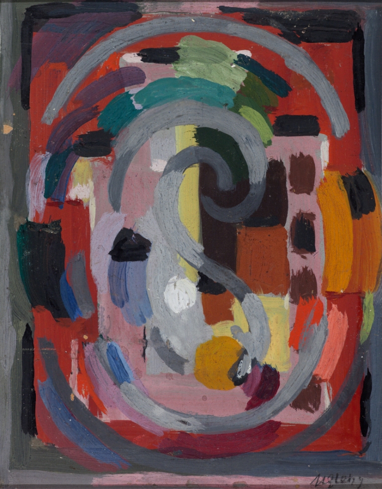 <em>Cercles gris,</em> 1933-1934<br />
Gouache sur papier<br />
18 x 14 cm<br />
Acquis en 2000 (inv. 2000.9)