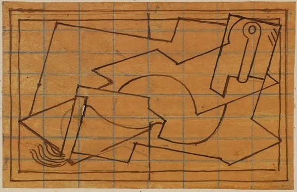 <em>Composition</em>, vers 1920-1922<br />
Encre brune sur papier calque mis au carreau au crayon bleu<br />
9,6 x 15 cm<br />
Acquis en 1975 (inv. AM 1975-270)
