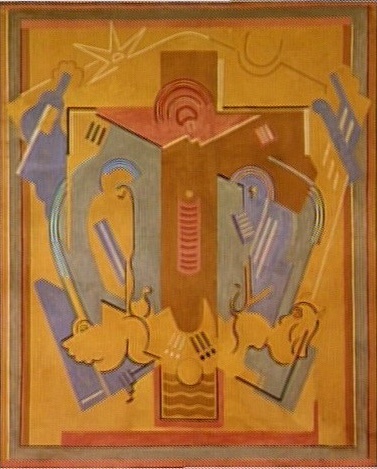 <em>Le Christ en croix</em>, 1927<br />
Projet de décor pour l'église Sainte-Blanche de Serrières (Ardèche)<br />
Peinture à la colle sur toile<br />
213 x 175 cm<br />
Don de Juliette Roche-Gleizes, 1964 (inv. AM 4222 P)<br />
En dépôt au musée des Ursulines à Mâcon depuis 1986