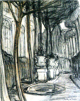 <em>Le Pavillon des Muses</em>, 1908<br />
Fusain et sanguine sur papier<br />
26,1 x 21 cm<br />
Don de l'Association des Amis du musée, 2002 (inv. 2002-3)