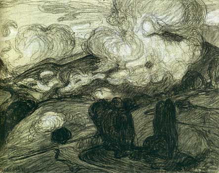 <em>Nuages bas dans la montagne </em>(Bagnères-de-Bigorre)<br />
1908<br />
Fusain et craie blanche sur papier collé en plein<br />
24,3 x 30,7 cm<br />
Paris, Centre Georges Pompidou / Musée national d'Art moderne