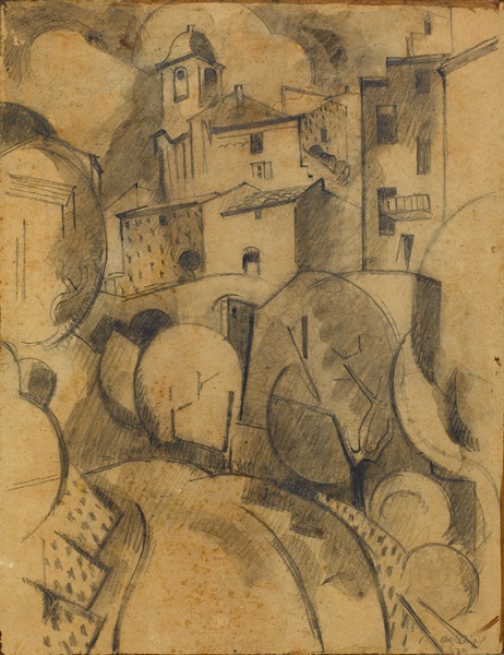 <em>Vue de Serrières</em>, 1924<br />
Crayon et rehauts de lavis gris sur papier<br />
26,5 x 20,2 cm<br />
Acquis en 1975 (inv. AM 1975-267)