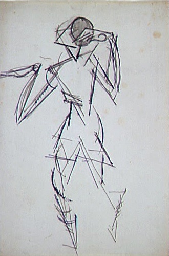 <em>Etude pour le portrait de Jean Cocteau</em>, vers 1916<br />
Crayon et encre bleue sur papier<br />
31,3 x 21,4 cm<br />
Acquis en 1975 (inv. AM 1975-277)