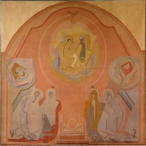 <em>Le Couronnement de la Vierge</em>, 1927<br />
Projet de décor pour l'église Sainte-Blanche de Serrières (Ardèche)<br />
Huile sur toile<br />
229 x 229 cm<br />
Don de Juliette Roche-Gleizes, 1964 (inv. AM 4245 P)<br /><br />
En dépôt au musée des Beaux-Arts de Caen depuis 1998