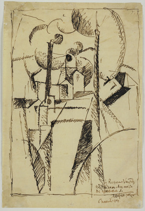 <em>Paysage aux cheminées à Toul</em>, 1914<br />
Encre sur papier<br />
30,7 x 20,5 cm<br />
Gift of Mrs. Wolfgang Schoenborn, 1973 (inv. 608.1973)