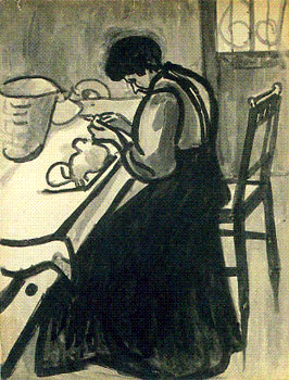 <em>Ménagère</em>, vers 1909<br />
Pinceau et encre noire sur papier<br />
64,9 x 50 cm<br />
Don de Juliette Roche-Gleizes, 1954 (inv. 1954-141)
