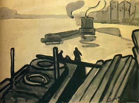 <em>Paris, les quais</em>, 1908<br />
Crayon et lavis d'encre noire sur carton<br />
30,3 x 42 cm<br />
France, collection particulière