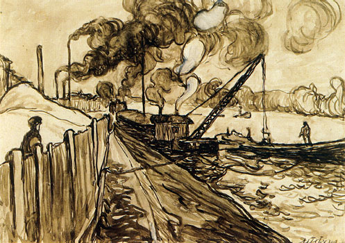 <em>Péniches et fumées à Courbevoie</em>, 1908<br />
Crayon, lavis d'encre brune rehaussée de gouache blanche sur papier collé sur carton<br />
23 x 32,5 cm<br />
Paris, Fondation Albert Gleizes