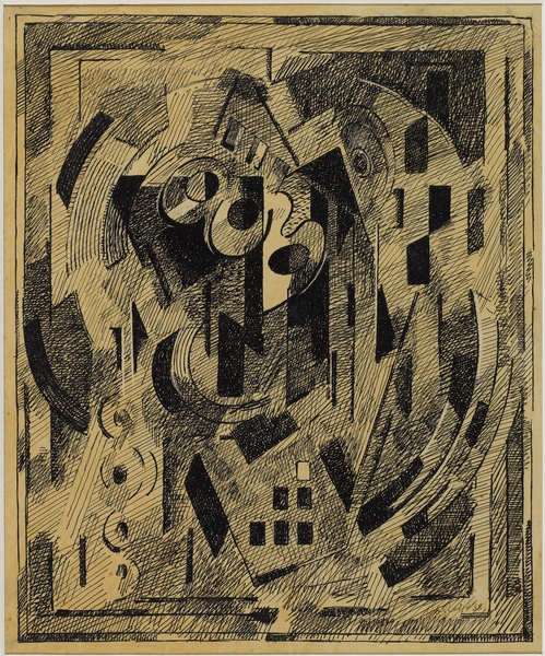 <em>Pour l'esprit, Les Verts,</em> 1938<br />
Encre noire sur papier calque collé sur carton<br />
31,5 x 28,5 cm<br />
Acquis en 1975 (inv. AM 1975-268)