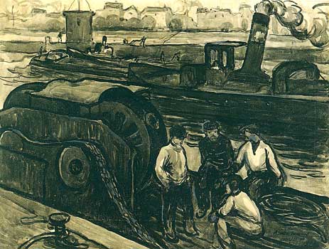 <em>L'Ecluse de Suresnes</em>, 1908<br />
Crayon, lavis d'encre noire rehaussée de gouache grise sur carton<br />
31,1 x 41 cm<br />
Suresnes, musée d'Histoire urbaine et sociale
